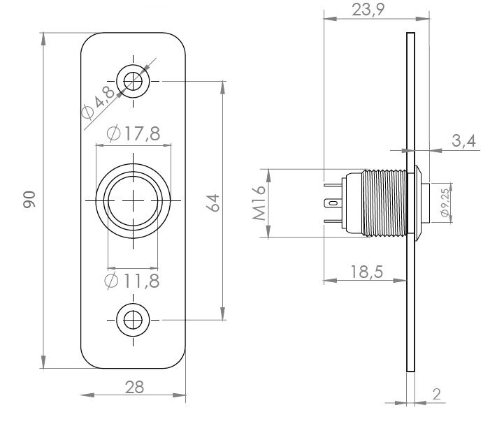 PBK-A-16-NO(LED)-rdgn Nyomógomb méretei